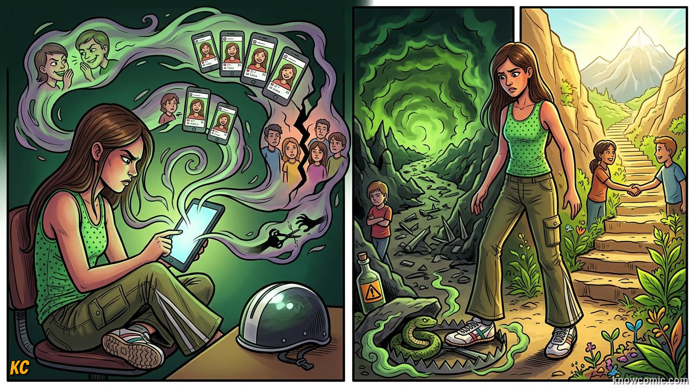 Comic panel about jealousy and desire: When It Poisons, educational kids illustration
