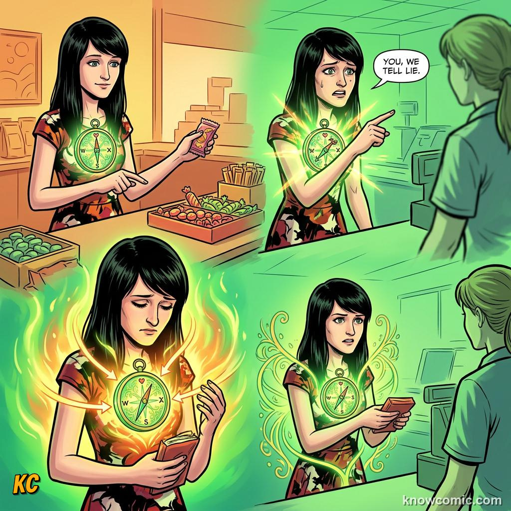 Comic panel about guilt and responsibility: Guilt Is Your Moral Compass, Values Crossed, educational kids illustration