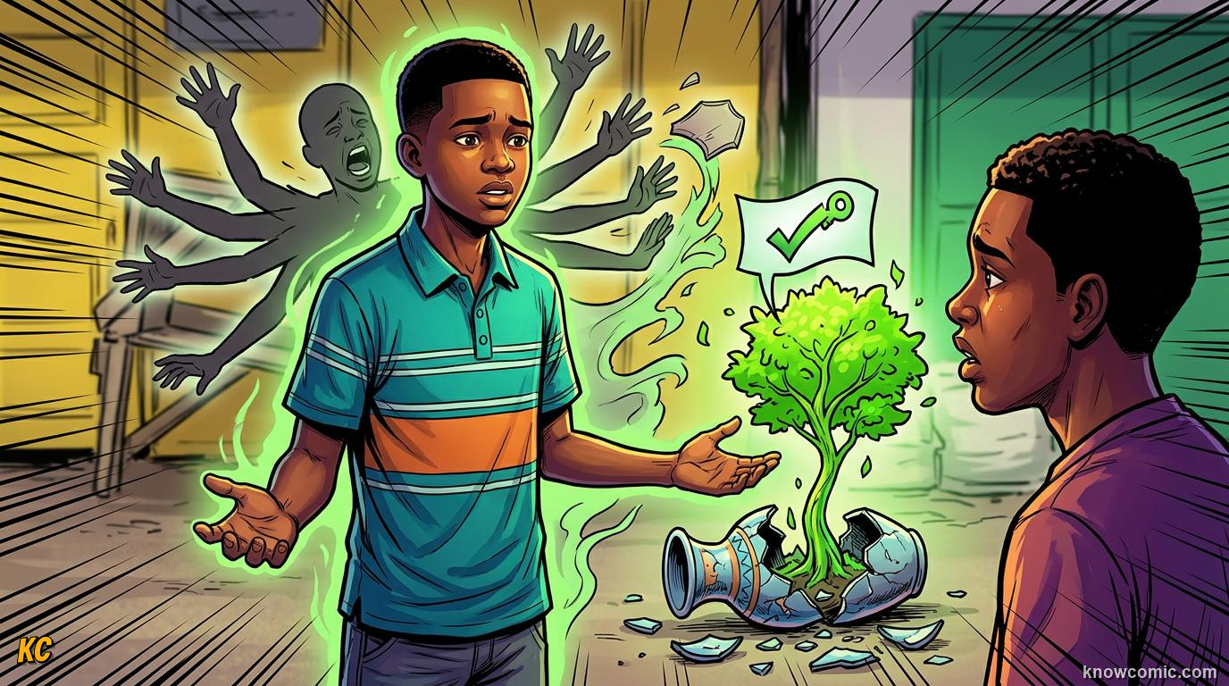 Comic panel about guilt and responsibility: Own Your Part, educational kids illustration