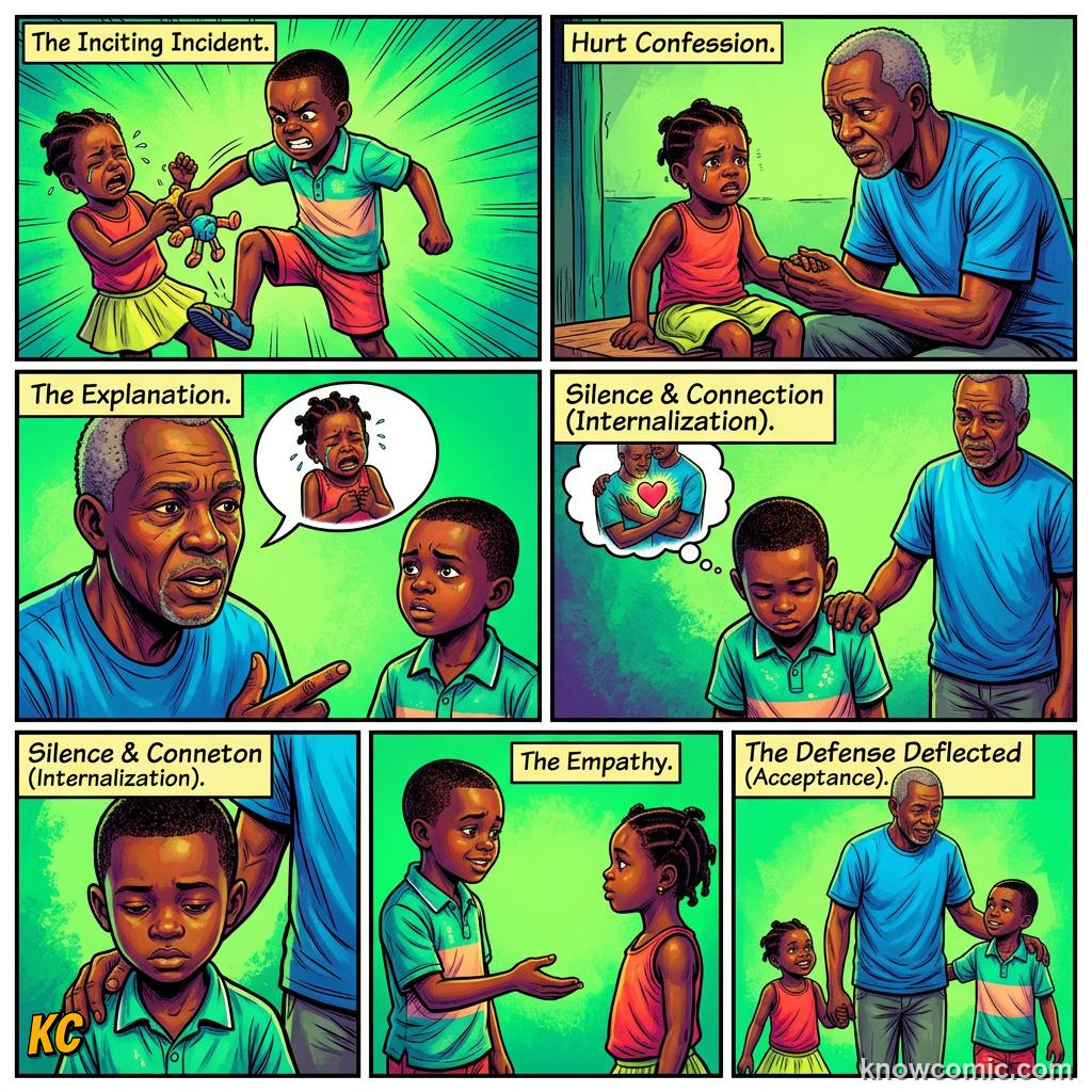 Comic panel about guilt and responsibility: Make Amends, educational kids illustration
