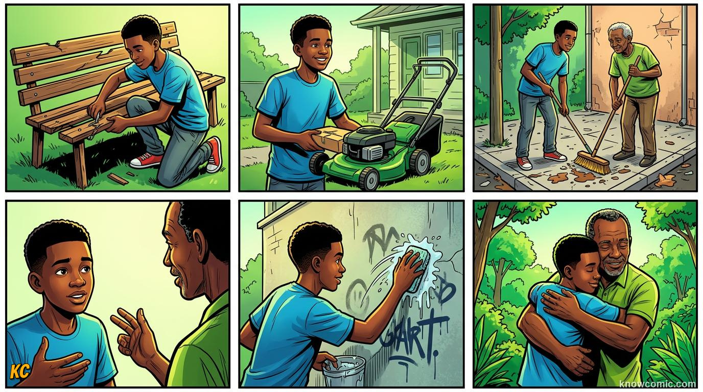 Comic panel about guilt and responsibility: Guilt Asks For Action, Stay Healthy, educational kids illustration