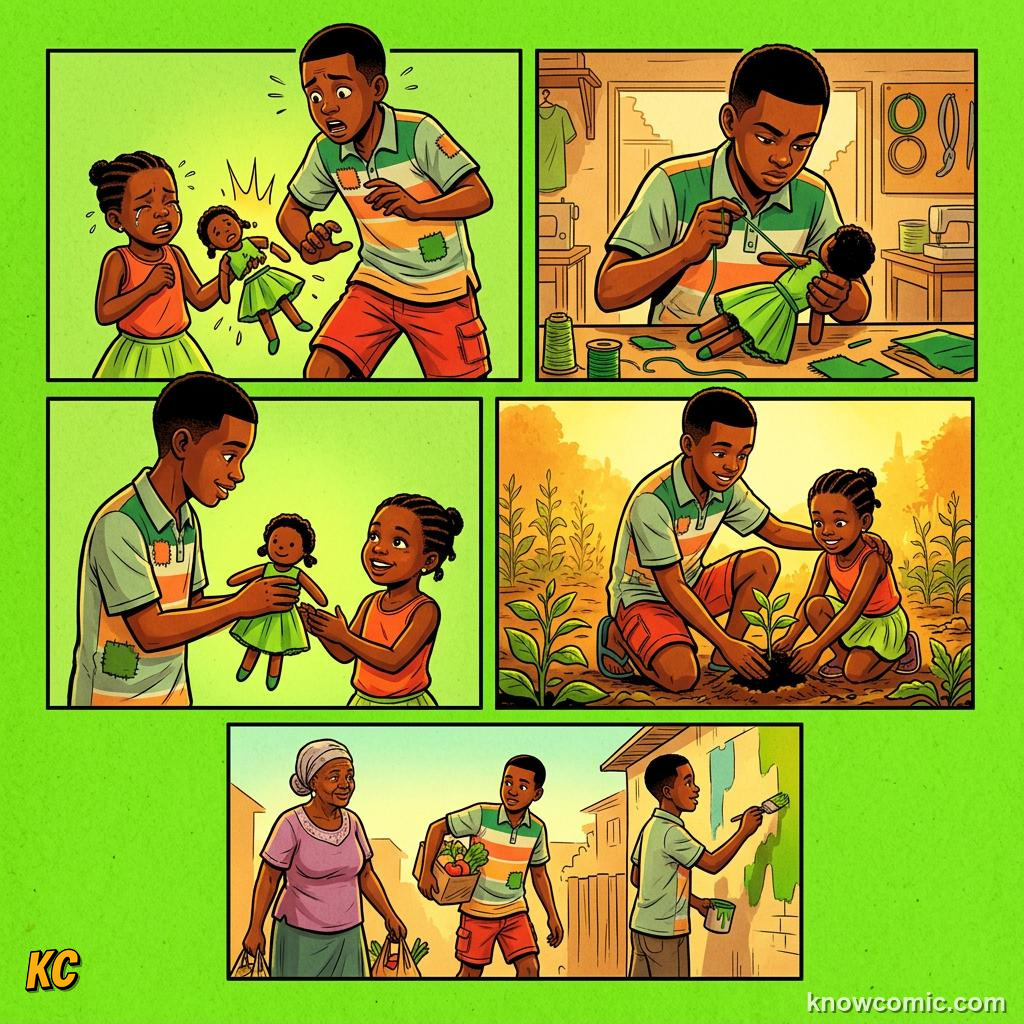Comic panel about guilt and responsibility: Guilt Focuses On Behavior, educational kids illustration