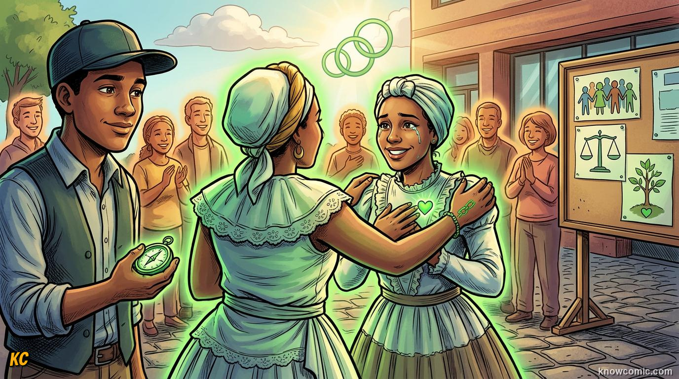 Comic panel about guilt and responsibility: Trustworthy Heart, educational kids illustration