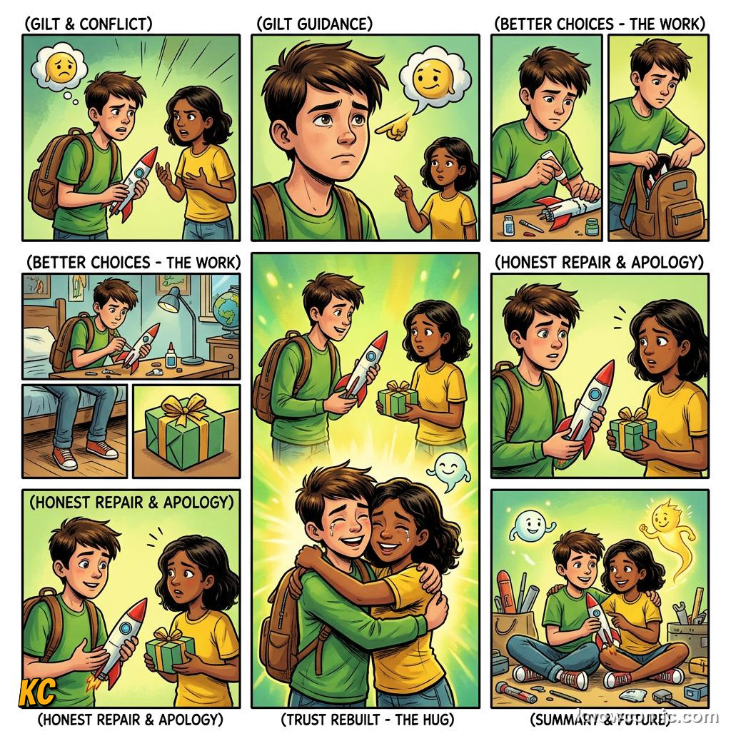 Comic panel about guilt and responsibility: Repair Builds Character, When Honored, educational kids illustration