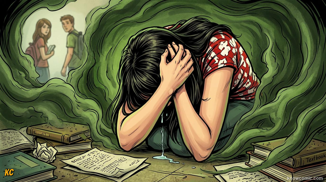 Comic panel about shame versus guilt: The Hiding Trap, educational kids illustration