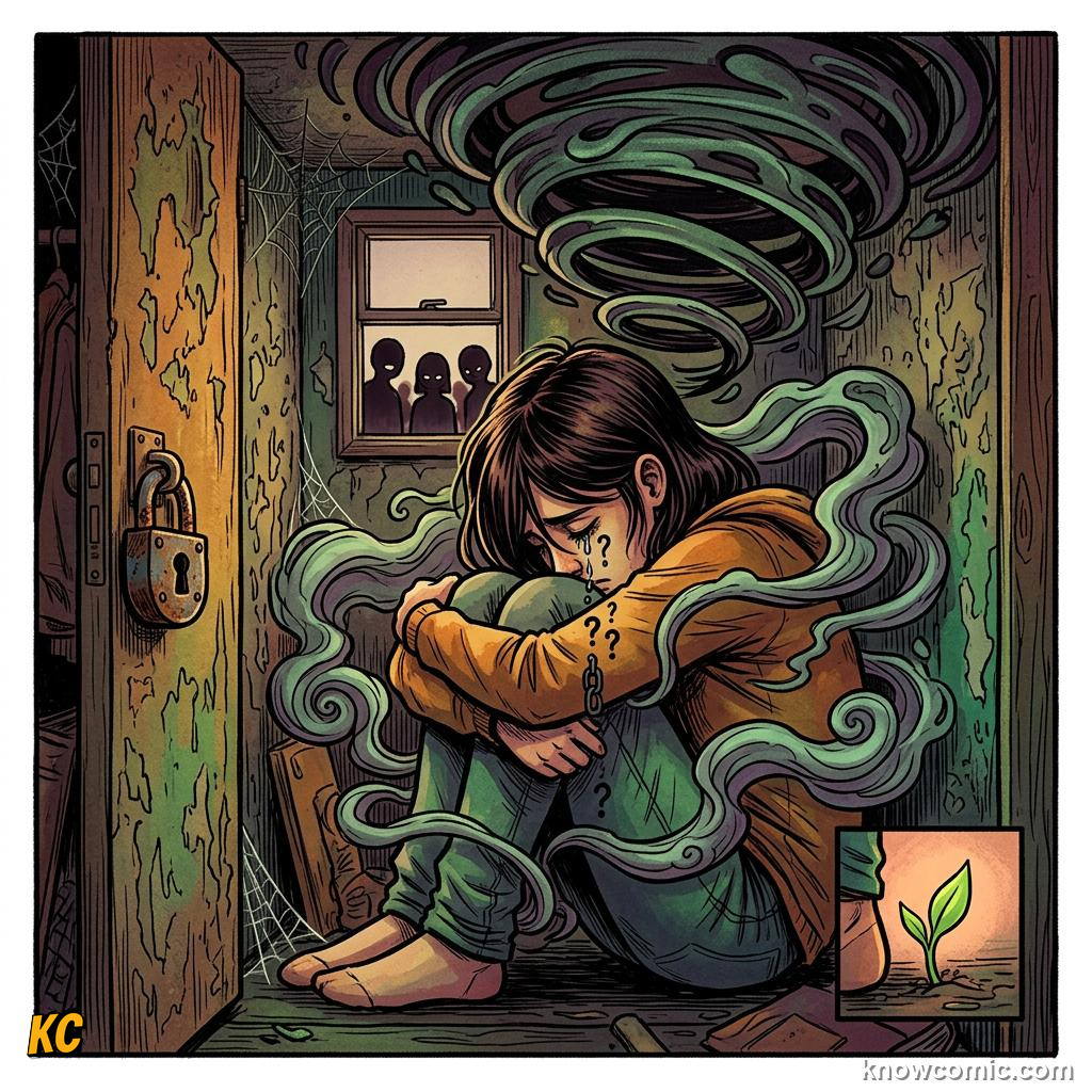 Comic panel about shame versus guilt: Mask Up, educational kids illustration