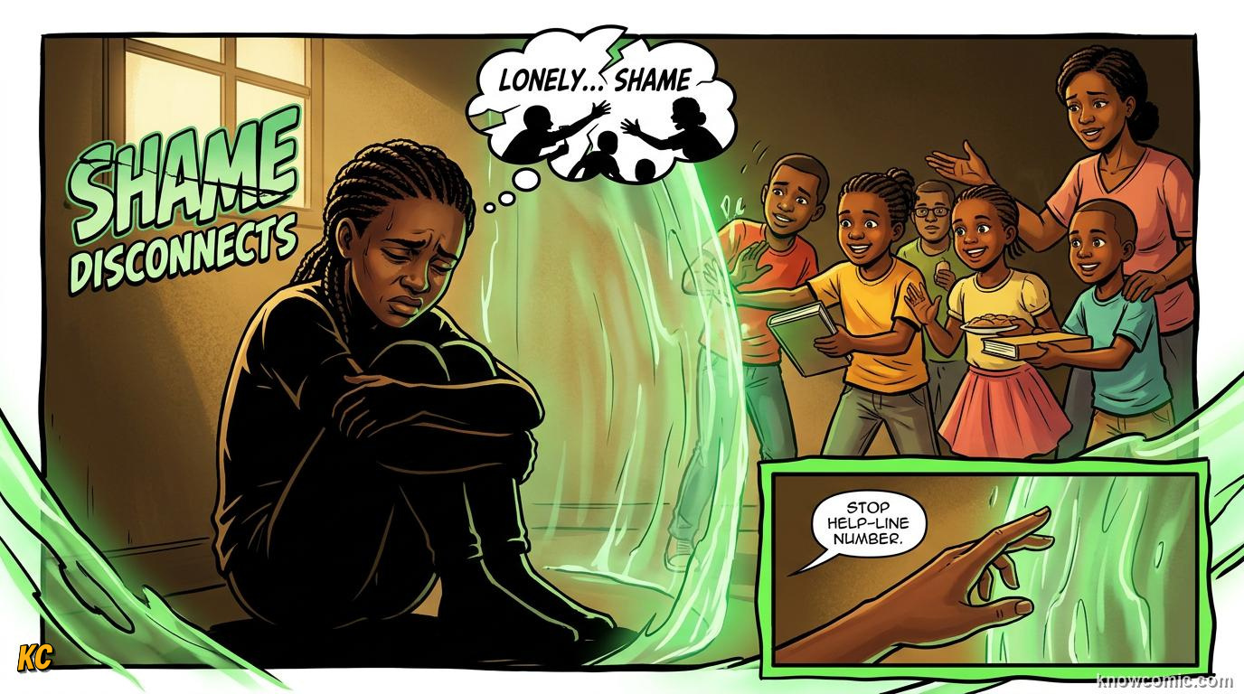 Comic panel about shame versus guilt: Shame Disconnects You, Safe Honesty, educational kids illustration