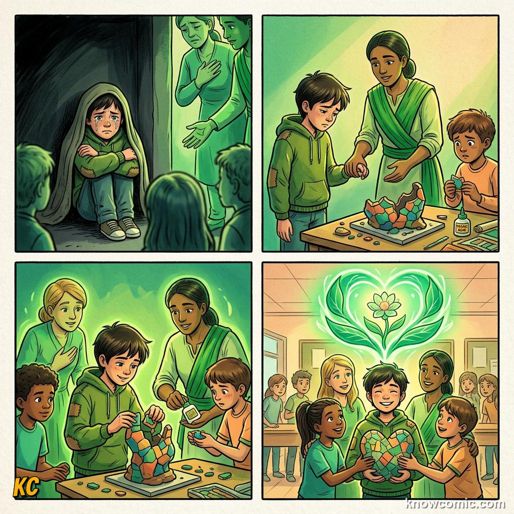 Comic panel about shame versus guilt: Guilt Heals, Shame Harms, When You Choose Guilt, educational kids illustration