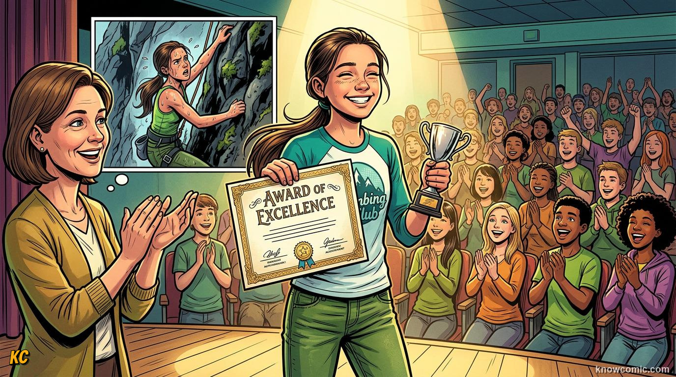 Comic panel about pride and achievement: Well Done, educational kids illustration