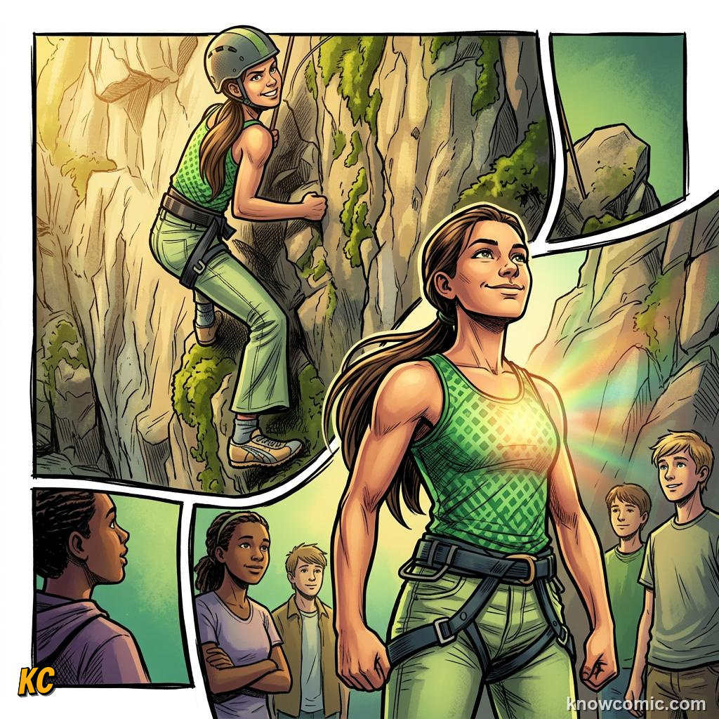 Comic panel about pride and achievement: Pride Can Lift Or Blind, Hubris, educational kids illustration