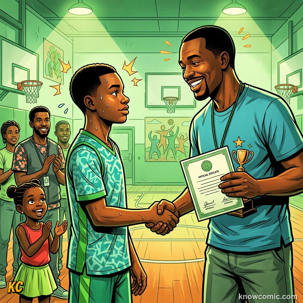 Comic panel about pride and achievement: Team Spirit, educational kids illustration