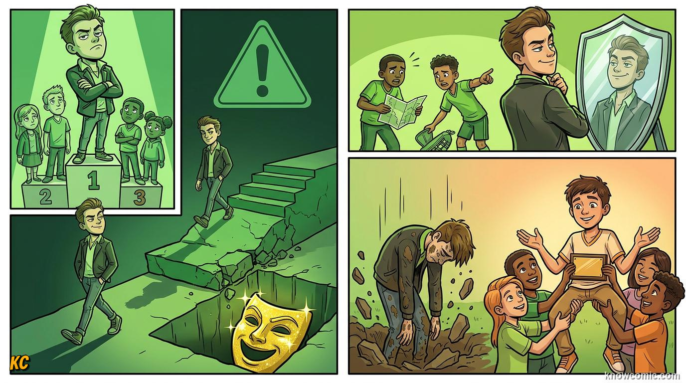 Comic panel about pride and achievement: Proud To Be Part Of Something, Stay Humble, educational kids illustration
