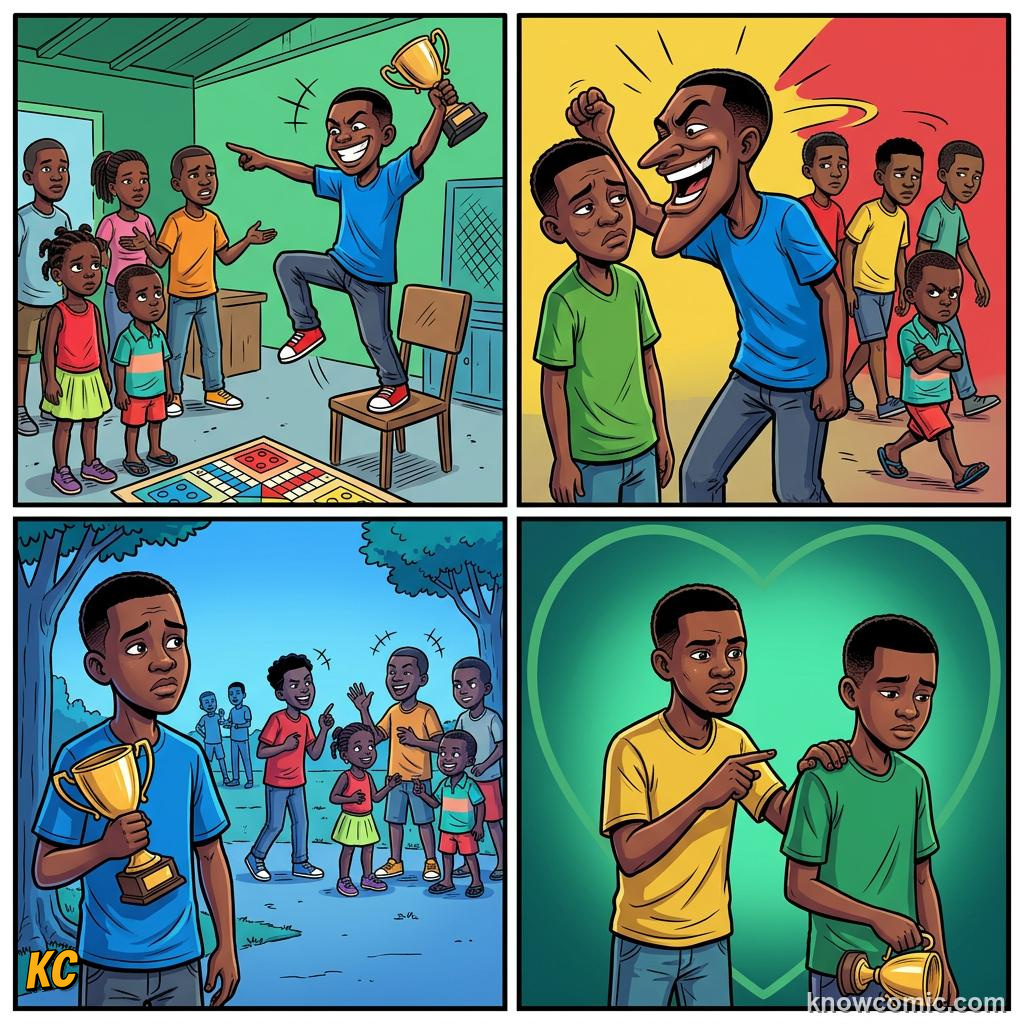 Comic panel about pride and achievement: Hubris Ignores Others, Thank Others, educational kids illustration