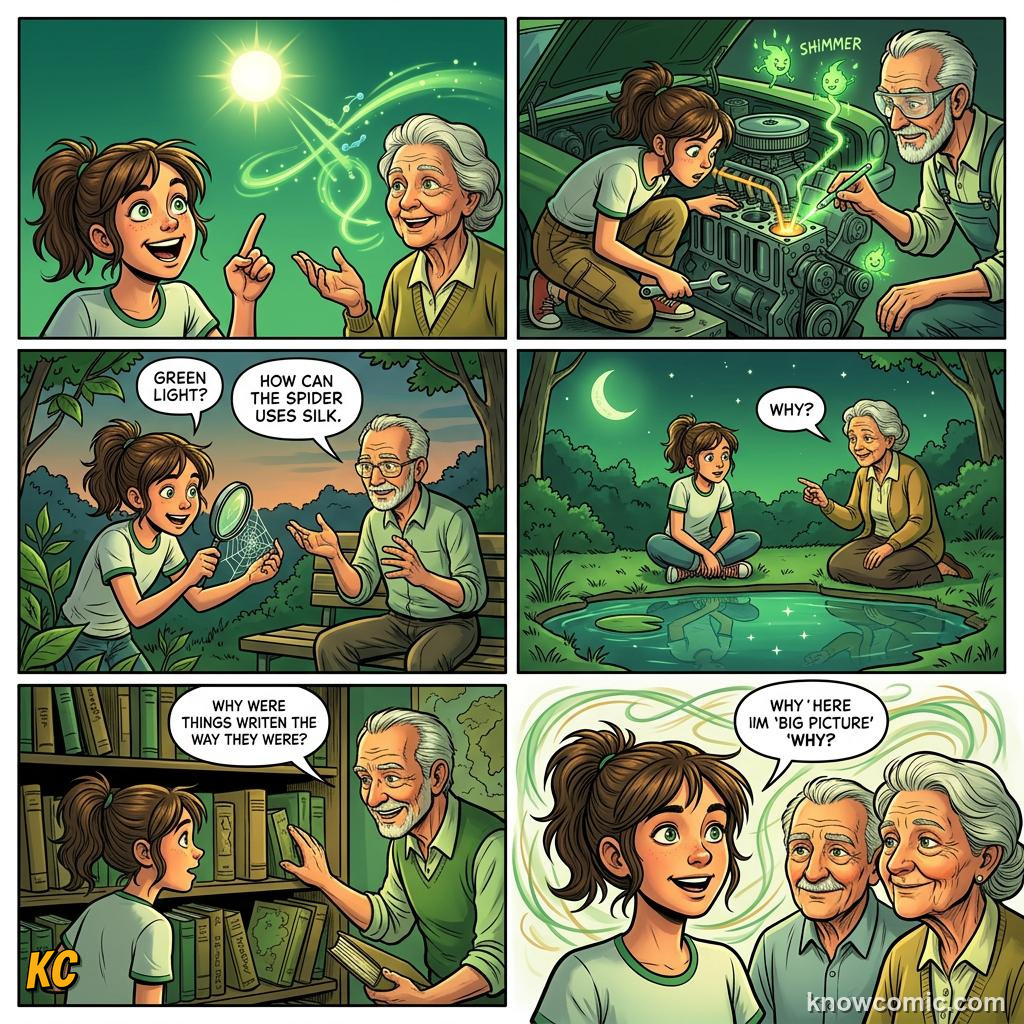 Comic panel about interest and curiosity: Questions Open Doors, Why, educational kids illustration