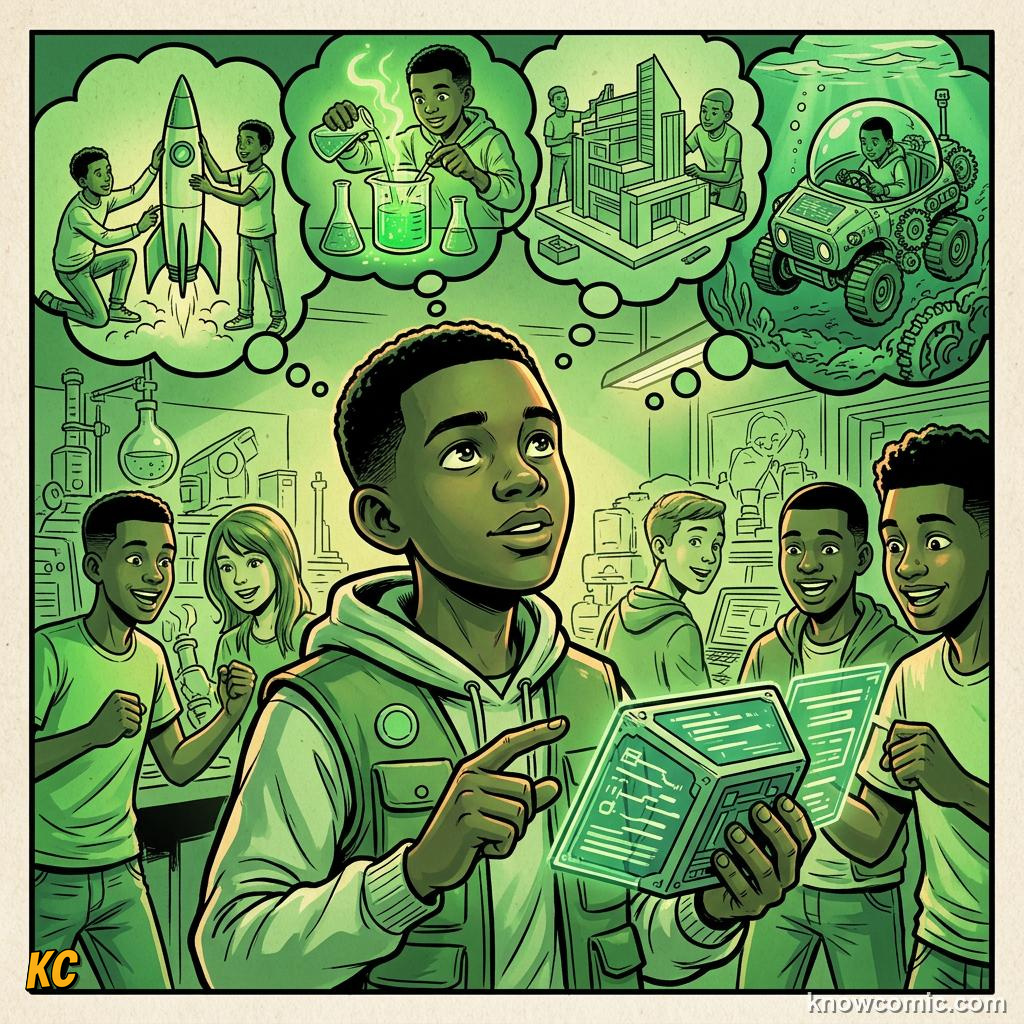 Comic panel about interest and curiosity: Questions Open Doors, How, educational kids illustration