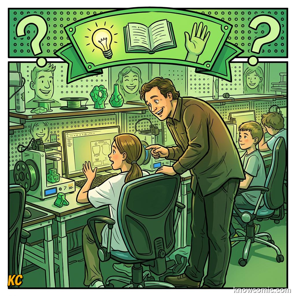 Comic panel about interest and curiosity: What If, educational kids illustration