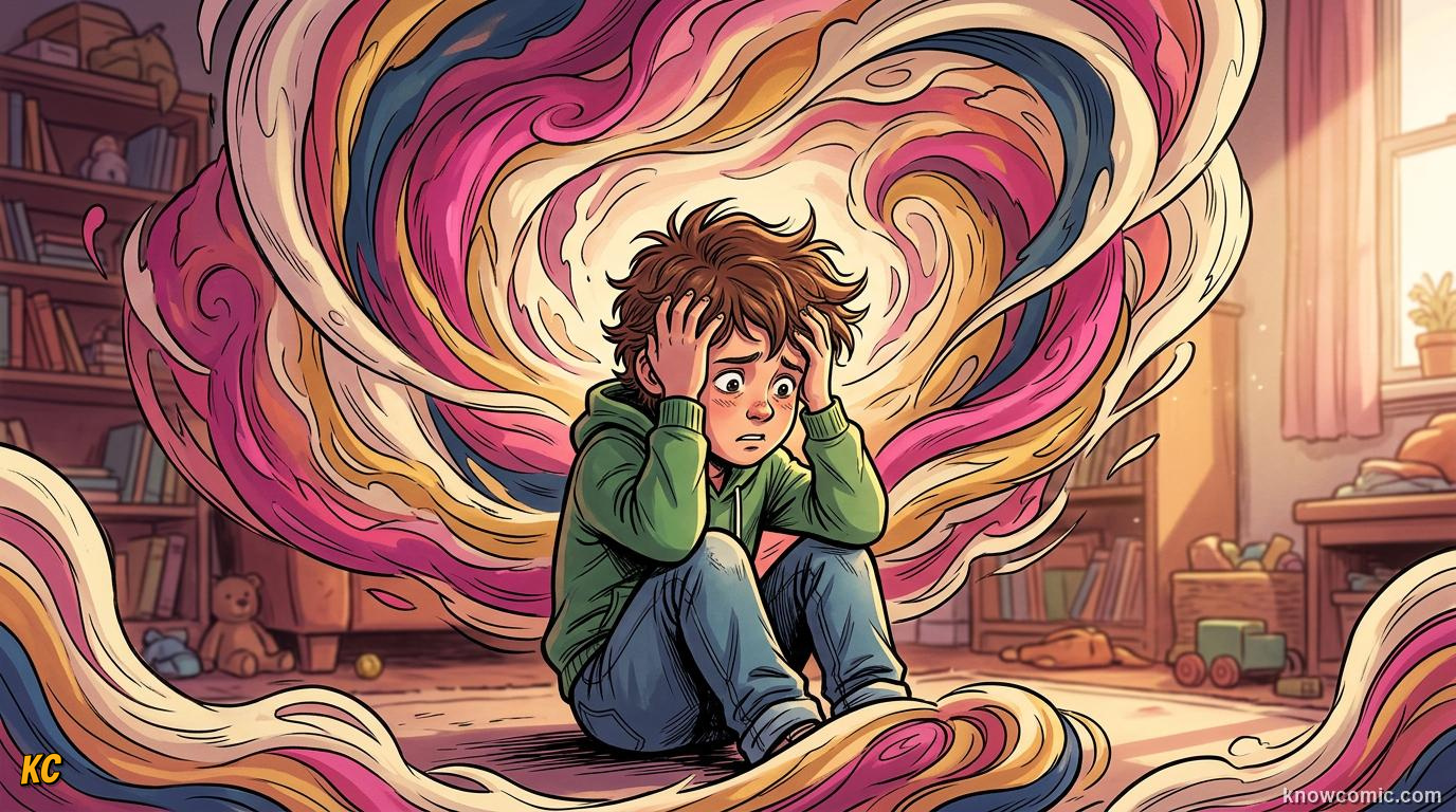 Brain neurons forming emotional word labels in comic style