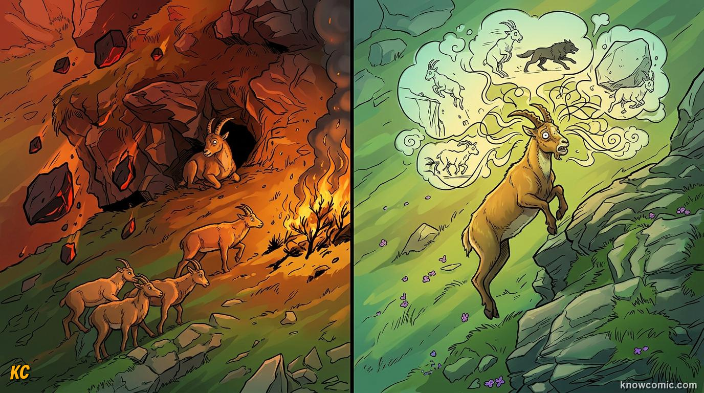 Comic panel about fear and safety: Useful Vs Stuck, educational kids illustration