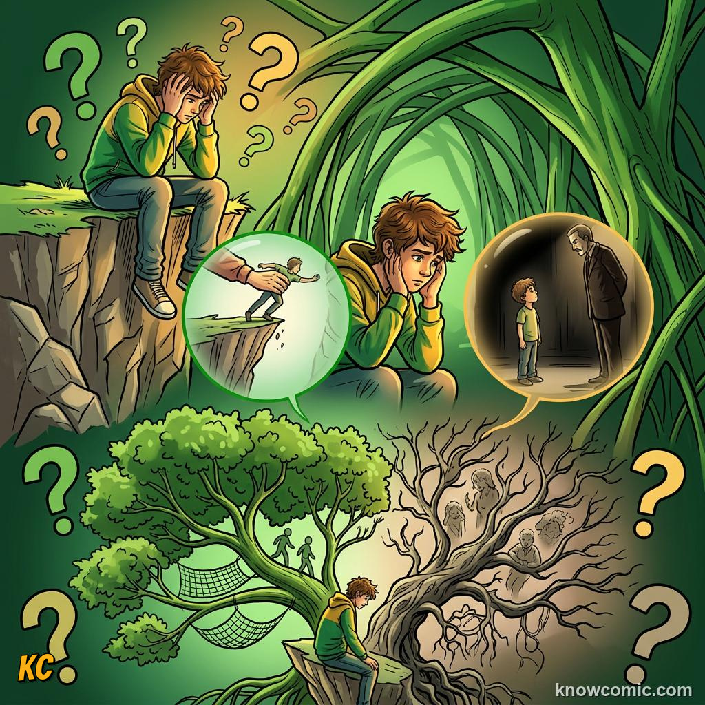 Comic panel about fear and safety: Ask Why, educational kids illustration