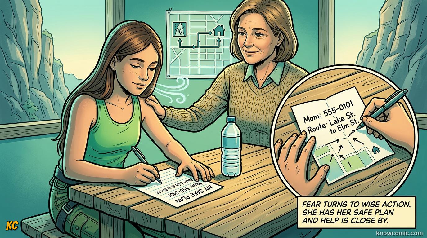 Comic panel about fear and safety: Your Fear Deserves Respect, Smart Choices, educational kids illustration