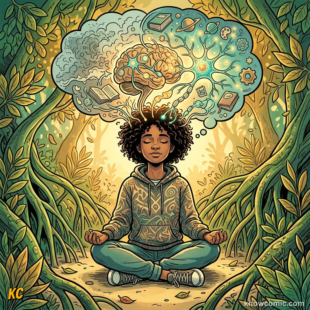 Comic panel about fear and safety: Fear Guides Wise Action, Breathe, educational kids illustration