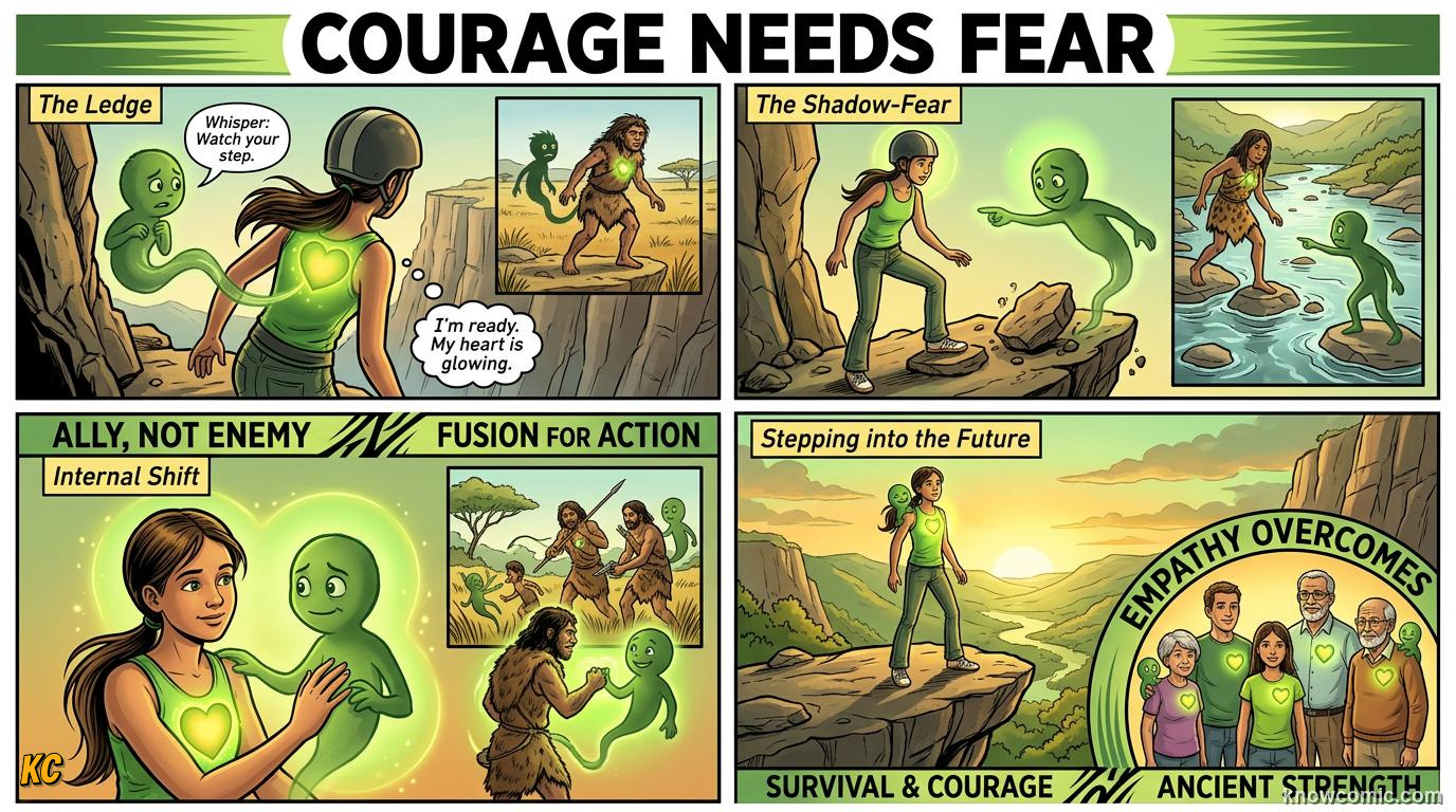 Comic panel about fear and safety: Brave Heart, educational kids illustration