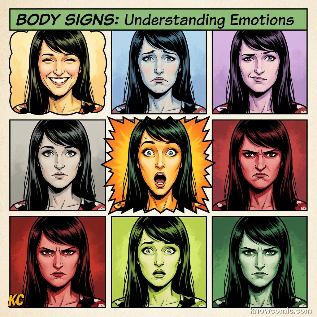 Comic panel about surprise and alert: Body Signs, educational kids illustration