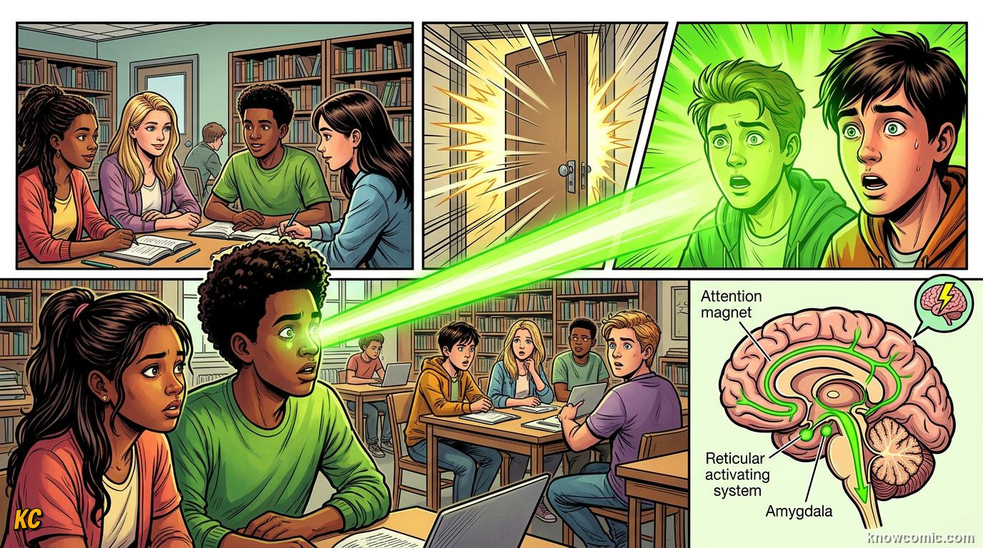 Comic panel about surprise and alert: Brain Spotlight, educational kids illustration