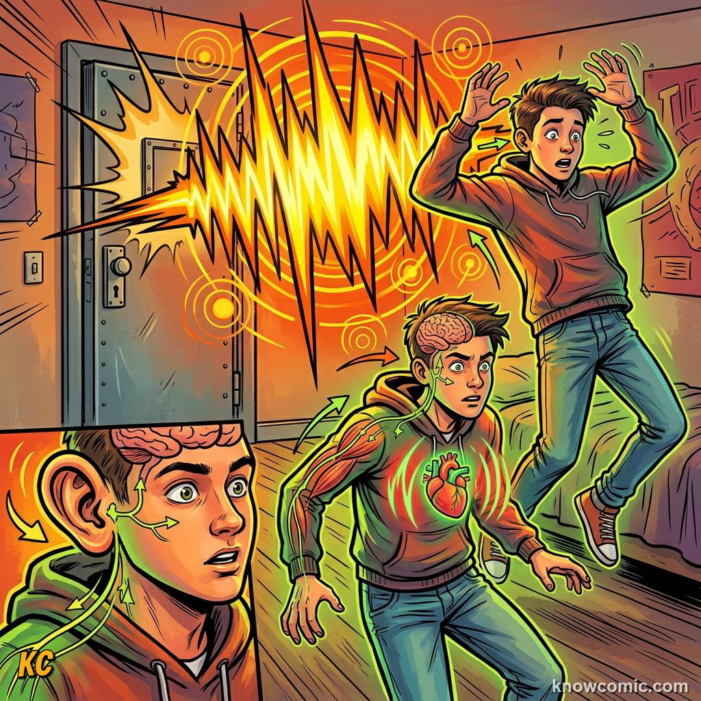 Comic panel about surprise and alert: Surprise Grabs Your Focus, Loud Sound, educational kids illustration