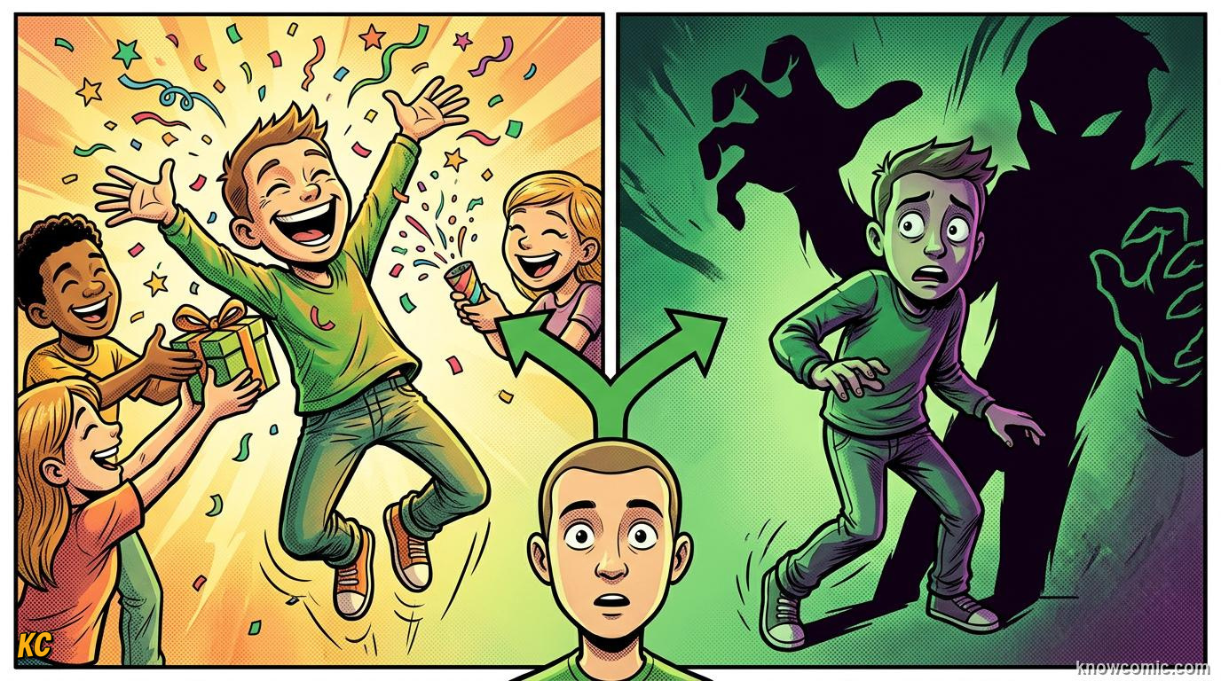 Comic panel about surprise and alert: The Fork, educational kids illustration