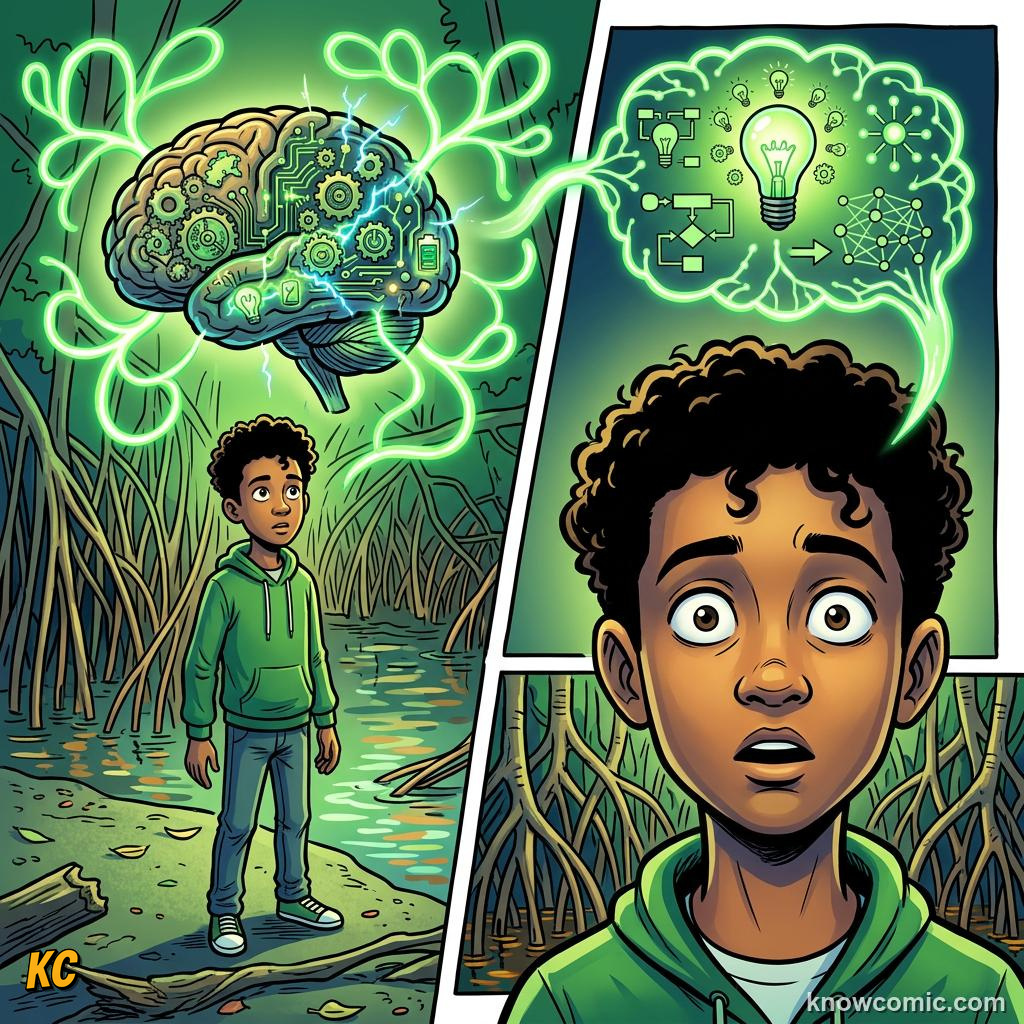 Comic panel about surprise and alert: Calm Your System Down, Name It, educational kids illustration