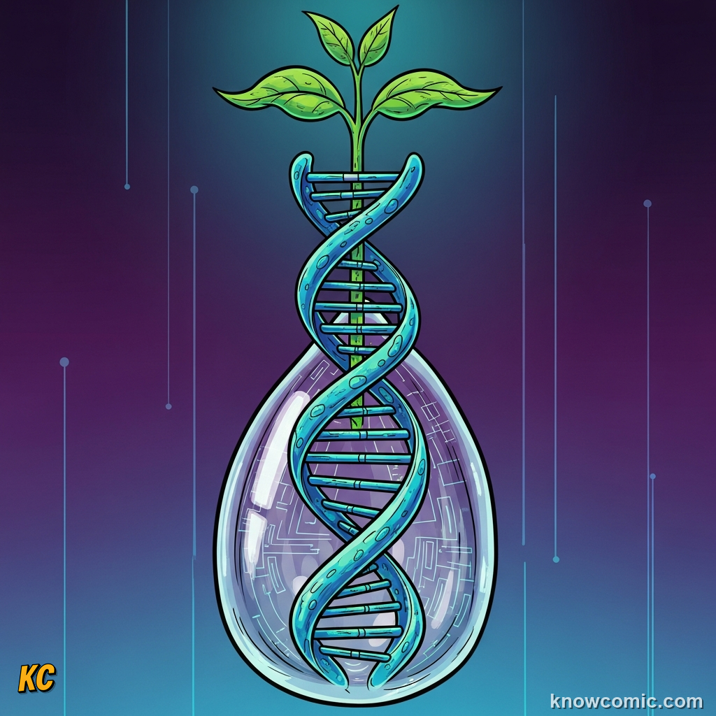 Comic illustration showing DNA strands inside a seed representing its genetic blueprint