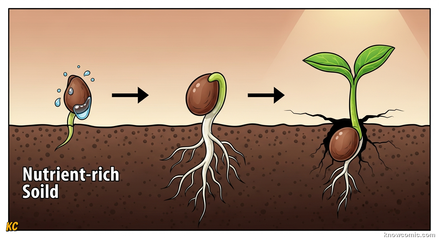 Comic illustration of a seed germinating as water activates growth from a dormant state