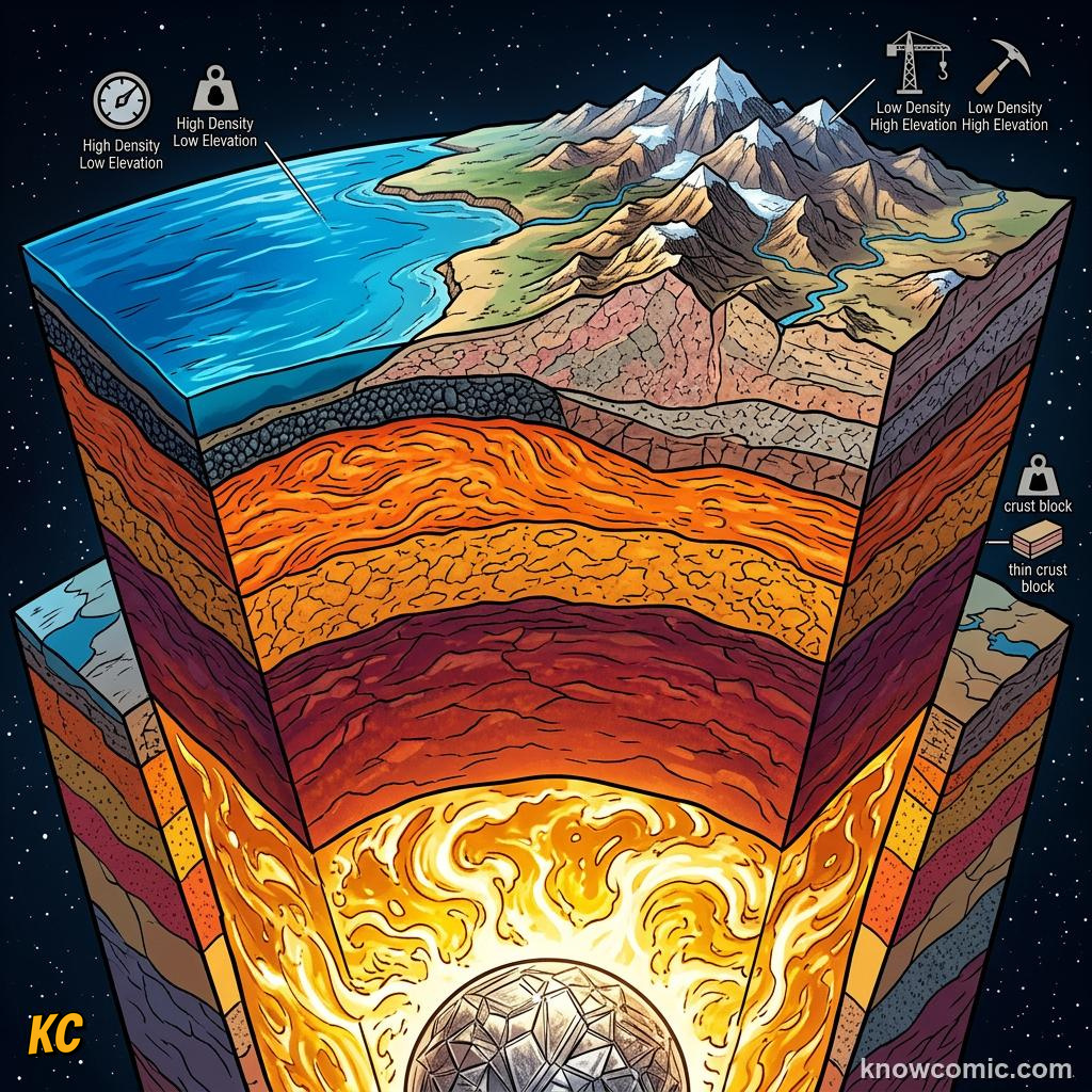 Continental crust versus thinner denser oceanic crust on Earth's surface