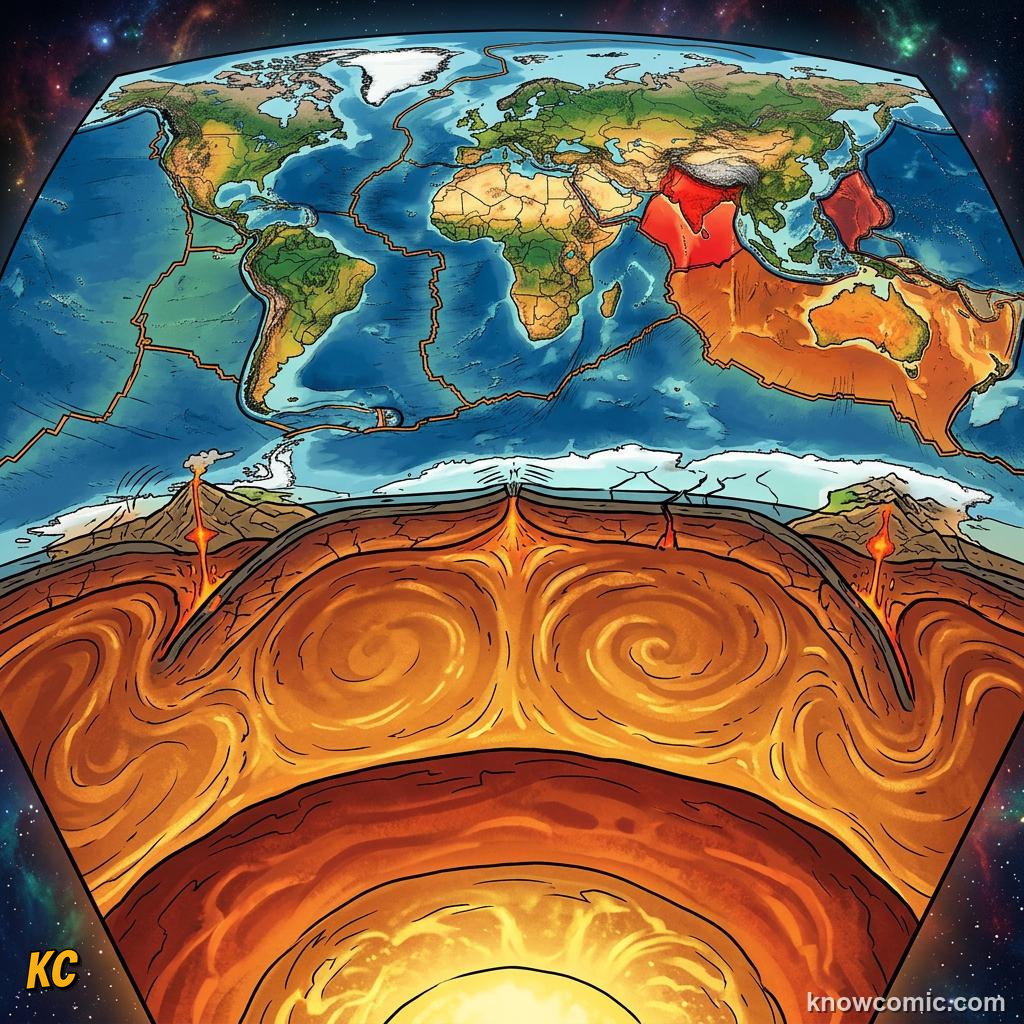 Rigid lithosphere tectonic plates including crust and upper mantle