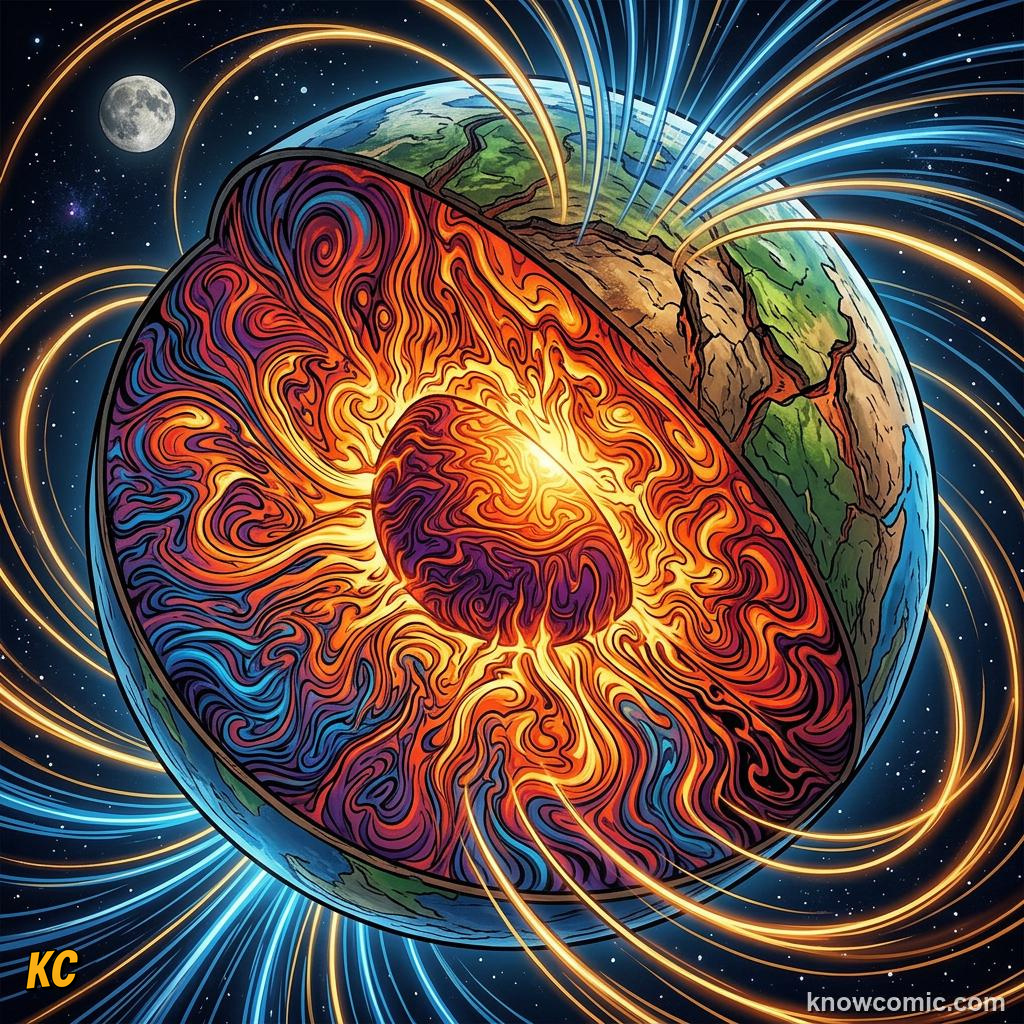Liquid outer core of iron and nickel generating Earth's magnetic field