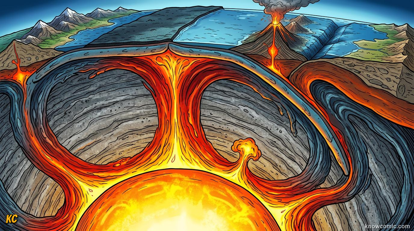 Mantle convection cells rising and sinking heat driving plate tectonics