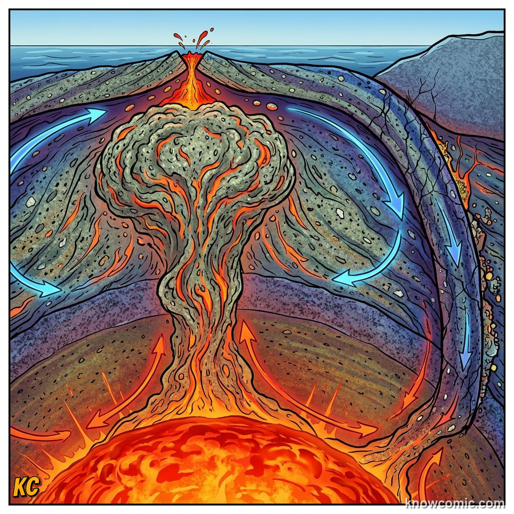 Mantle convection cell with rising plume and sinking cold limb