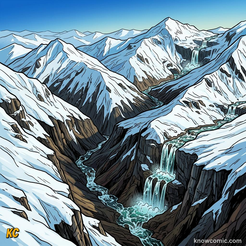 Steep mountain gradient showing fast upper course river descending through upland terrain