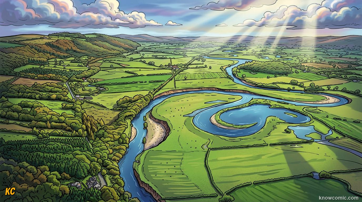 Mature river in middle course with wide floodplain and meandering channel through lowland landscape