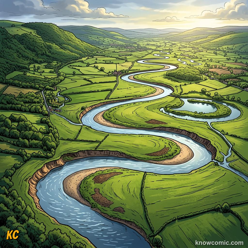 Gentler river gradient in middle course with wider channel and slower flow than upper course