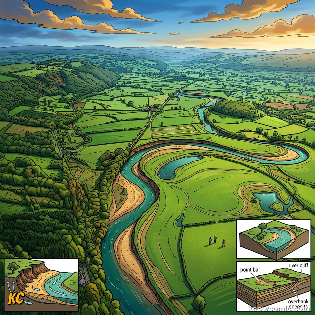 Flat fertile floodplain beside meandering middle course river built by deposition during floods