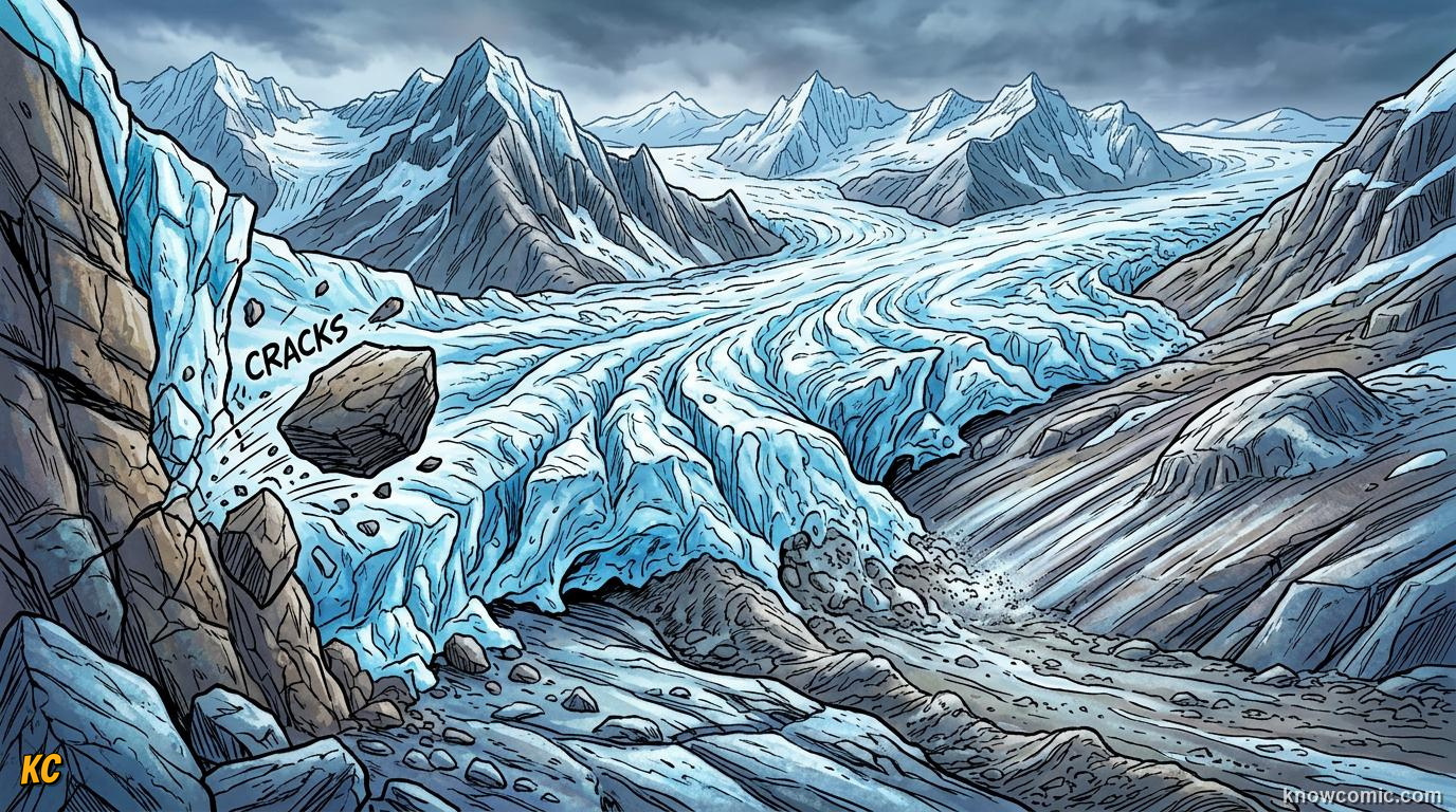 Massive glacier eroding mountain landscape through plucking and abrasion during ice age conditions
