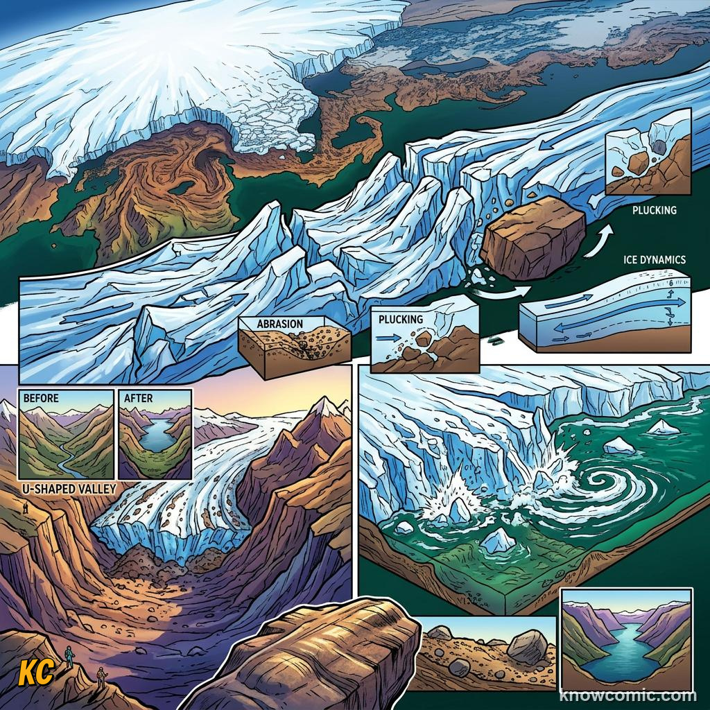 Glacial plucking as freeze-thaw meltwater freezes in rock joints and ice pulls fragments away