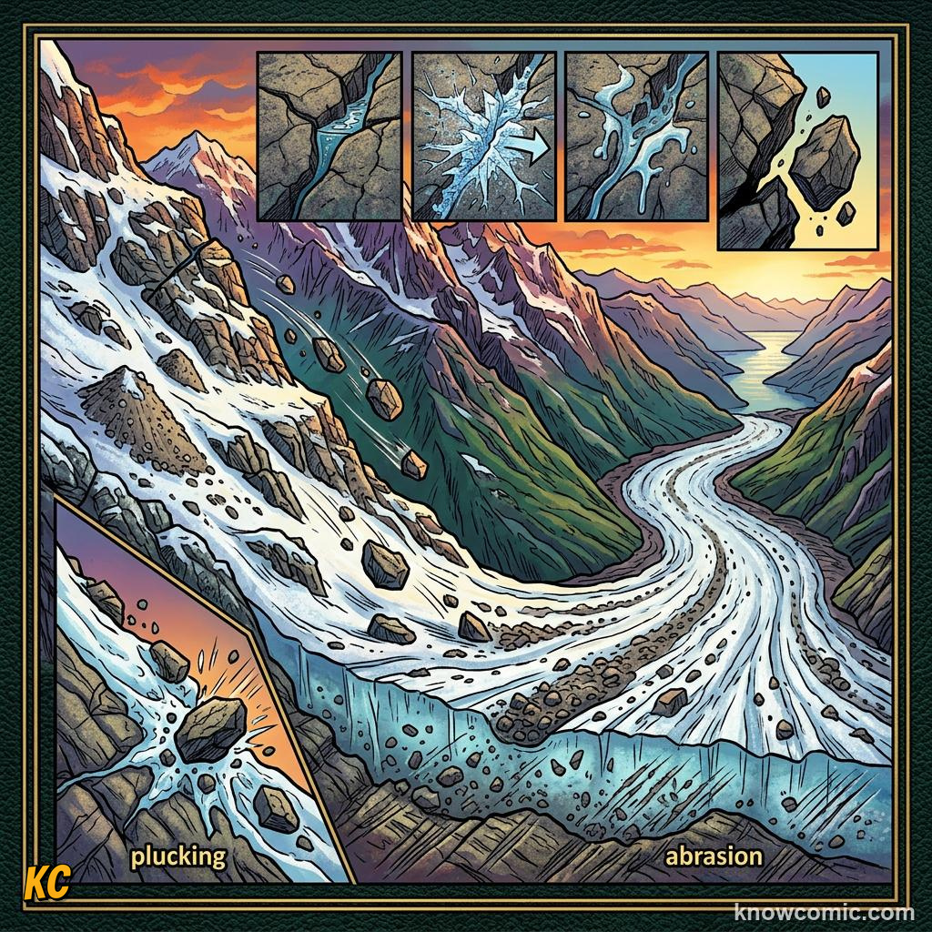 Glacial abrasion as rock fragments embedded in ice grind and polish bedrock surface