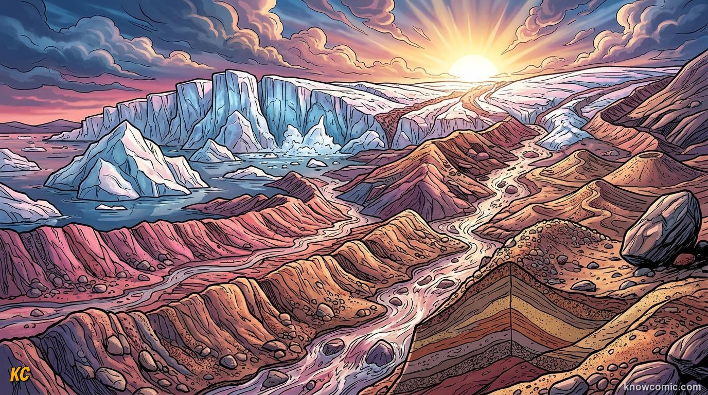 Retreating glacier depositing unsorted till and moraine ridges across a formerly glaciated valley landscape