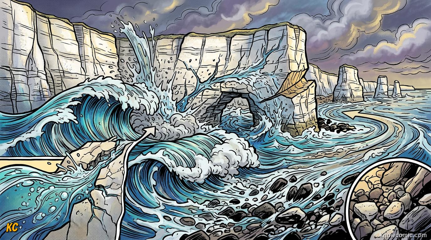 Powerful waves crashing against coastal cliff showing hydraulic action and abrasion eroding headland rock