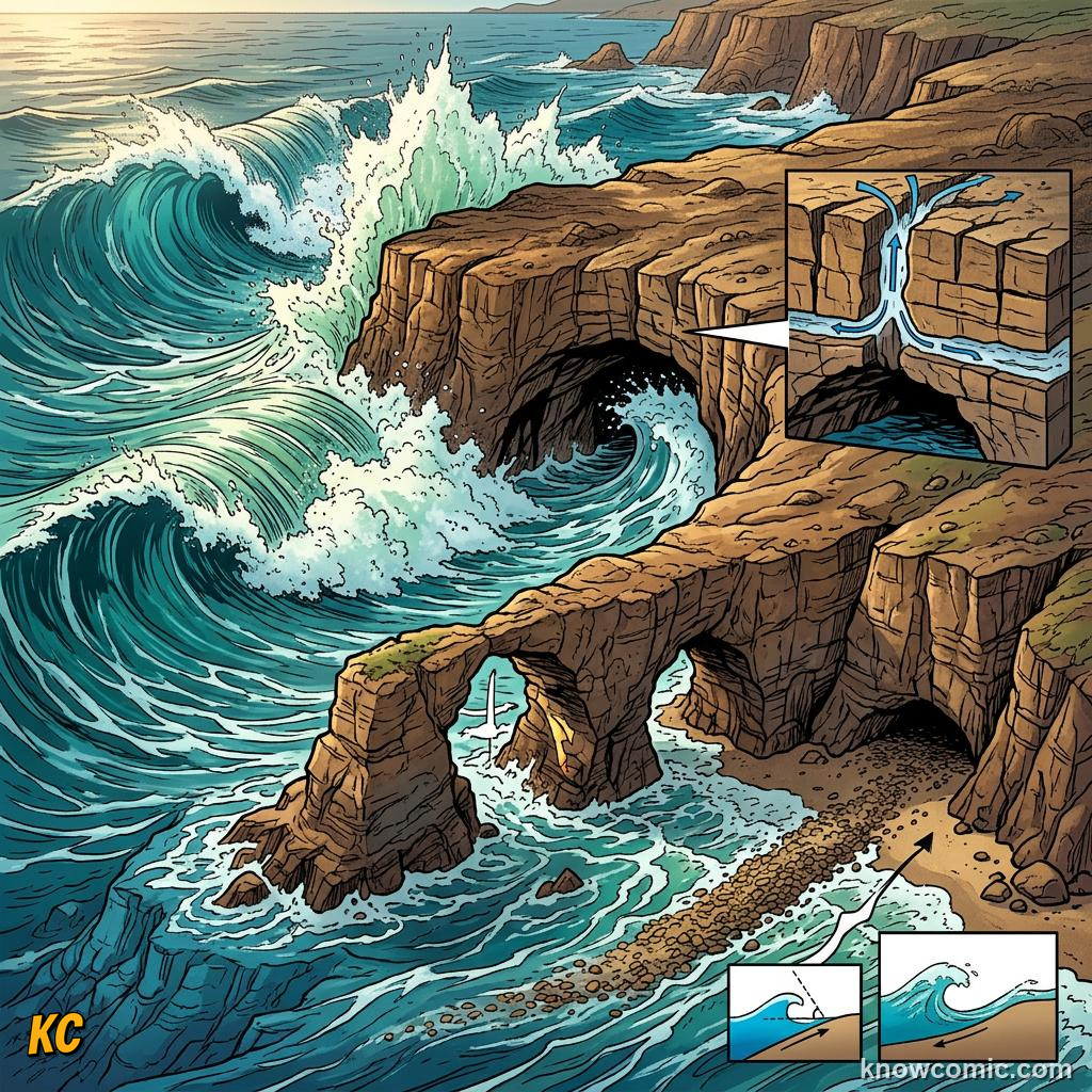 Coastal headland of resistant rock with sheltered bay in softer rock between two promontories