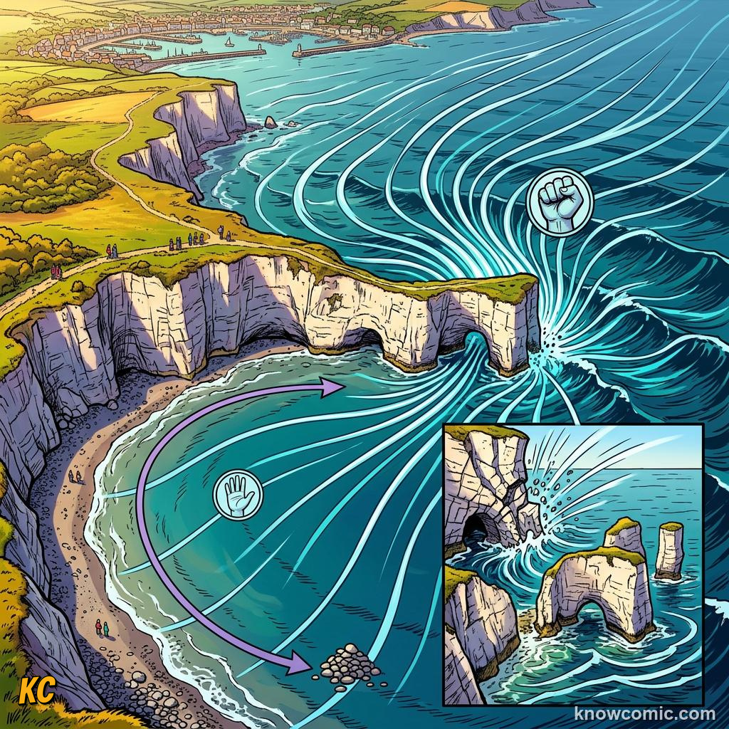 Wave refraction diagram showing waves bending around headland concentrating energy on promontory tips