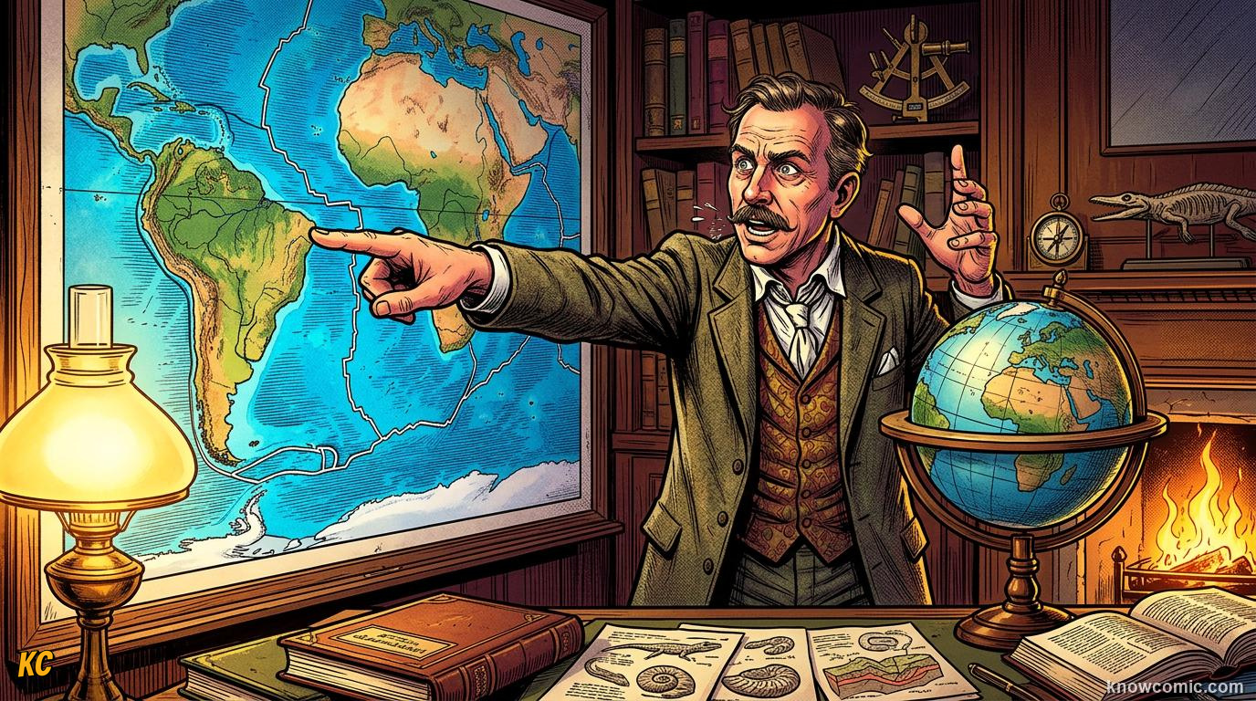 Alfred Wegener examining world map showing South America and Africa fitting together as continental drift evidence